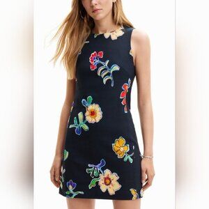 Desigual Short Slim Black Bright Floral Dress Medium